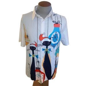 Hawaiian Christmas Shirt Men’s Sz. M Retro Cats Short Sleeve